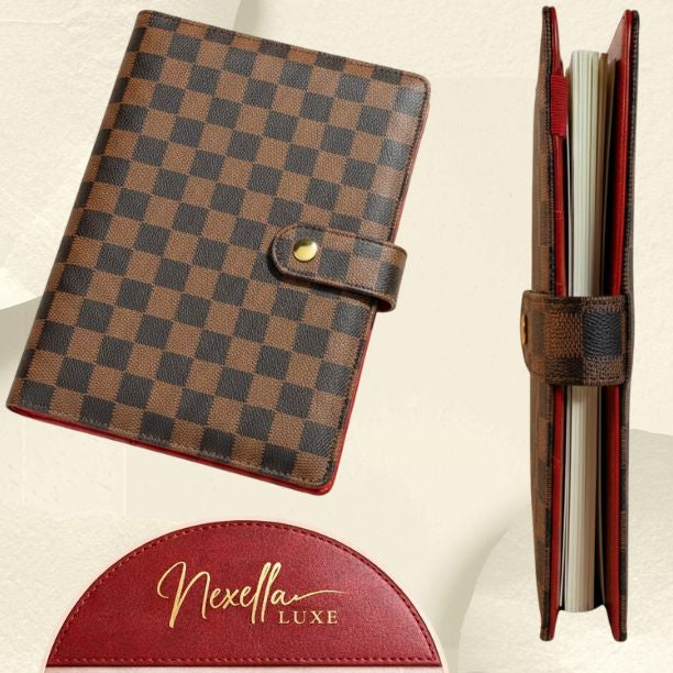 Luxury A5 brown checkered planner binder with rich red interior.