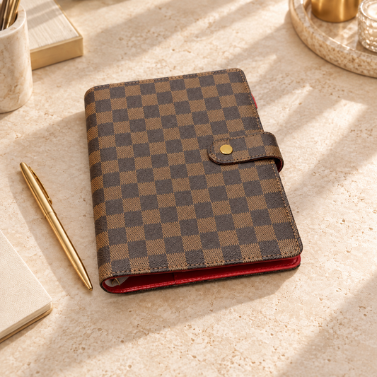 Nexella Luxe A5 Brown Checkered Ring Planner – Red Interior