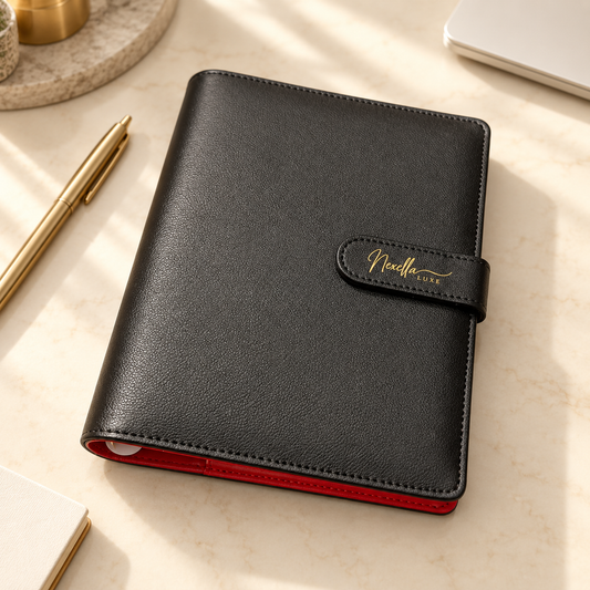 Nexella Luxe Signature Noir A5 Ring Planner | Red Interior | 30 mm Gold Rings