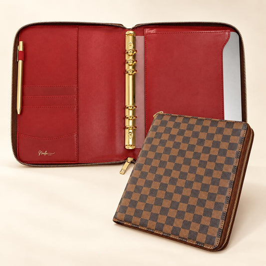 Nexella Luxe brown checkered B5 planner portfolio with signature red interior