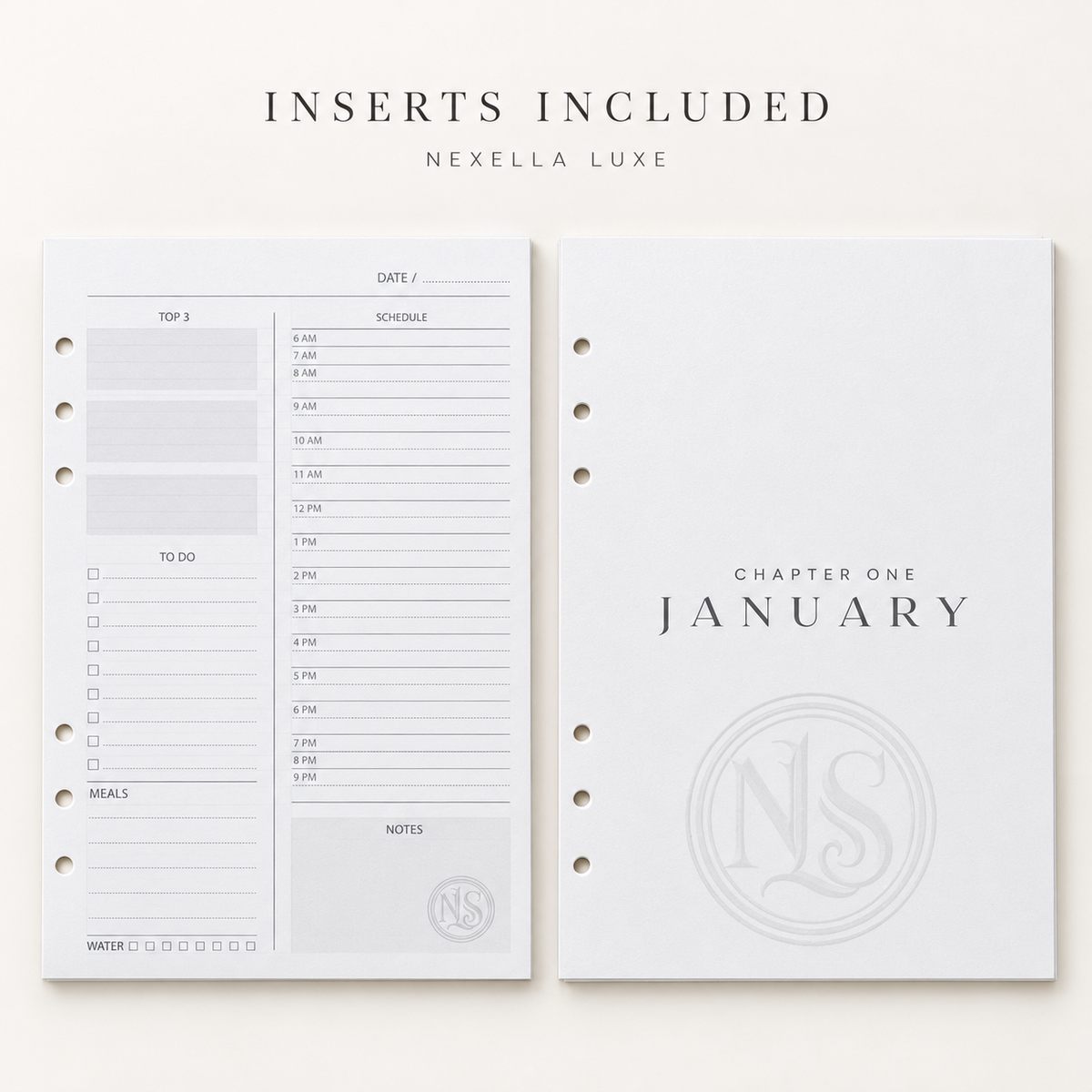 Inserts included: Nexella Luxe daily planning sheet and January divider, with six-hole punching.