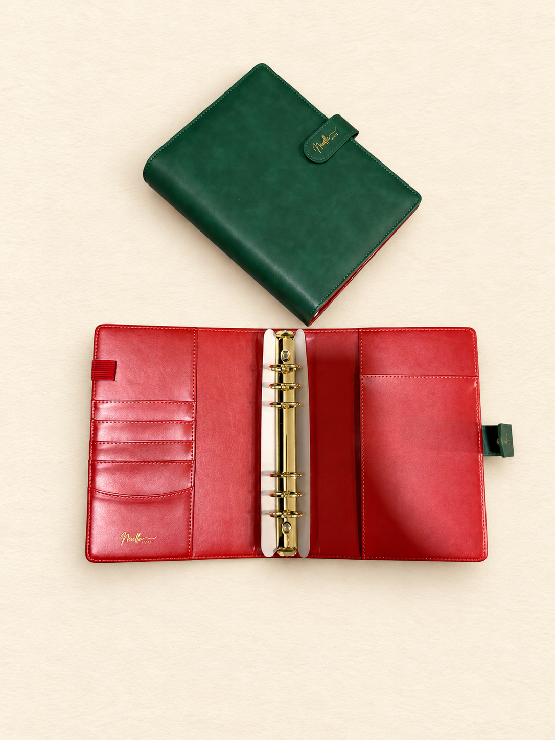 Nexella Luxe Jade A5 green planner with red interior and gold-tone 30 mm six-ring hardware; planner inserts included
